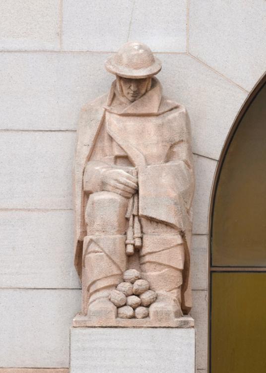 Photograph of the Bomber buttress sculpture on the Memorial's facade